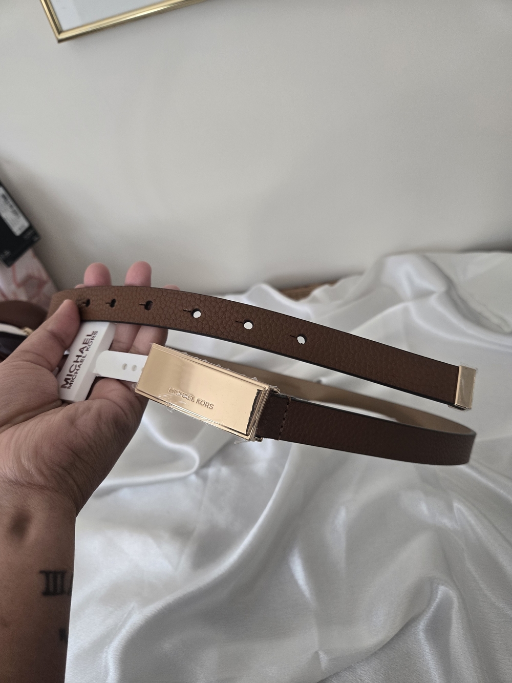 Michael Kors Brown Leather Slim Belt with Gold-Tone Plate Buckle